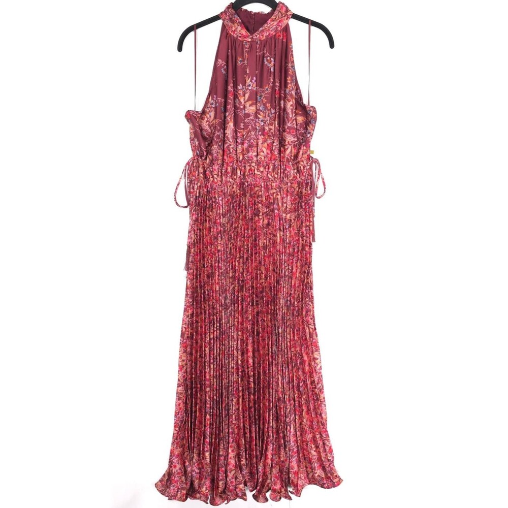 TAYLOR New Halter Floral Pleated Maxi Dress Burgundy Sleeveless Casual 14